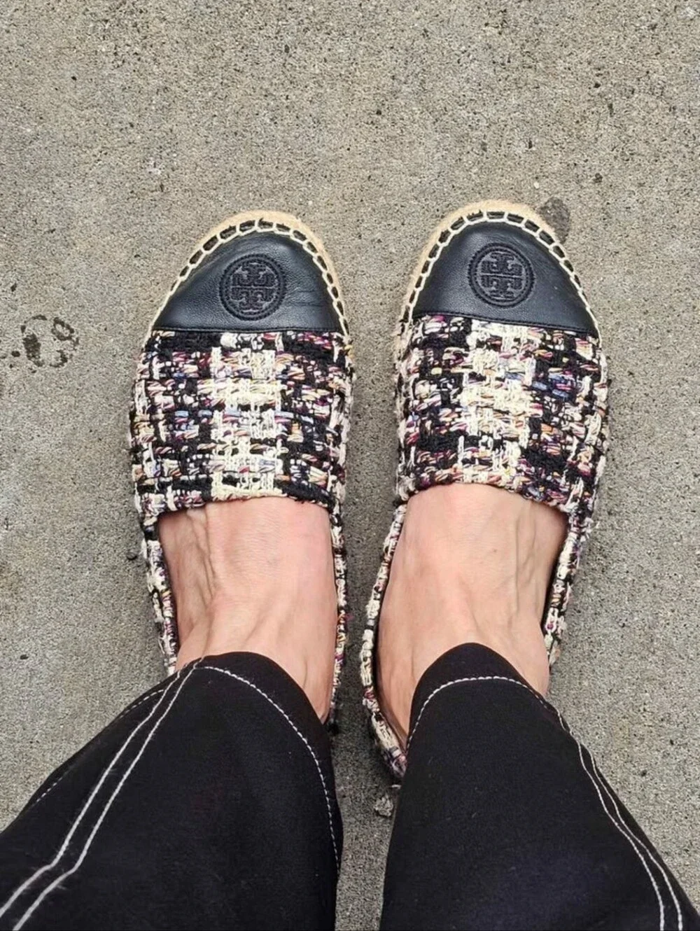 Tory Burch Black Tweed Espadrille-Style Flats with Leather Cap
